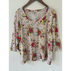 Pioneer Woman 3/4 Sleeve XXL Pink Red Floral V-Neck Top T-Shirt Cotton Blend